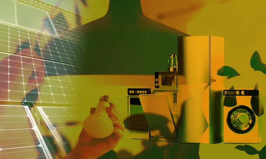 Imagem de lâmpada, eletrodomésticos e painel solar.